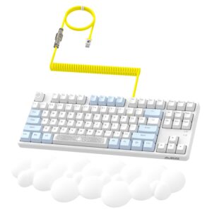 a.jazz ak873 wired 87 key tkl mechanical gaming keyboard with rainbow backlit hot-swap tactile blue switch nkro gasket ergonomic cloud wrist rest custom coiled aviator cable for pc/mac (blue white)