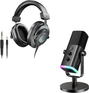 fifine xlr/usb microphone and studio monitor headphones set, computer recording mic with mute button, rgb, over ear wired headset pack for youtube podcasting streaming gaming (am8+h8)