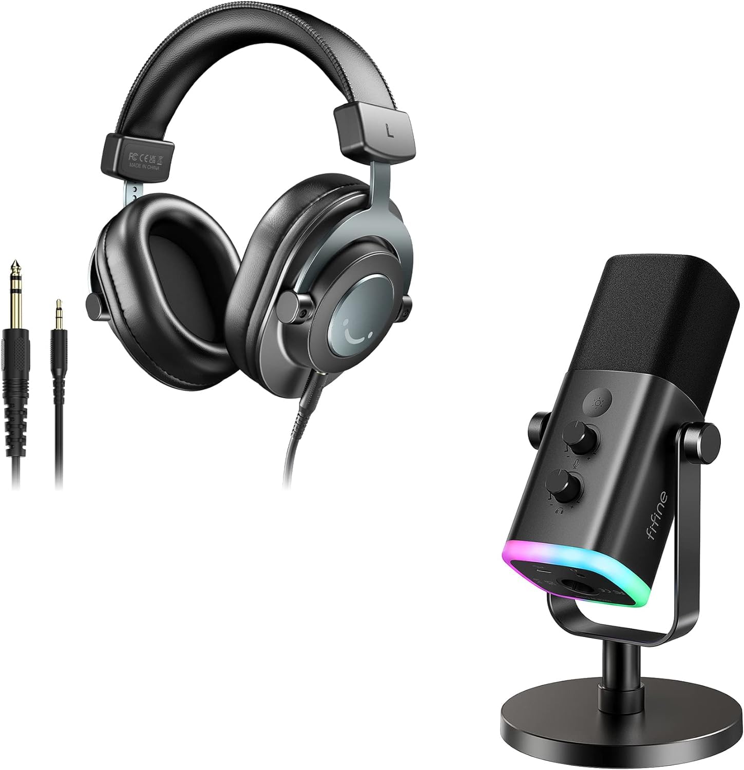 FIFINE XLR/USB Microphone and Studio Monitor Headphones Set, Computer Recording Mic with Mute Button, RGB, Over Ear Wired Headset Pack for YouTube Podcasting Streaming Gaming (AM8+H8)