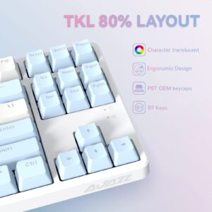 A.JAZZ AK873 Wired 87 Key TKL Mechanical Gaming Keyboard with Rainbow Backlit Hot-swap Tactile Blue Switch NKRO Gasket Ergonomic Cloud Wrist Rest Custom Coiled Aviator Cable for PC/Mac (Blue White)