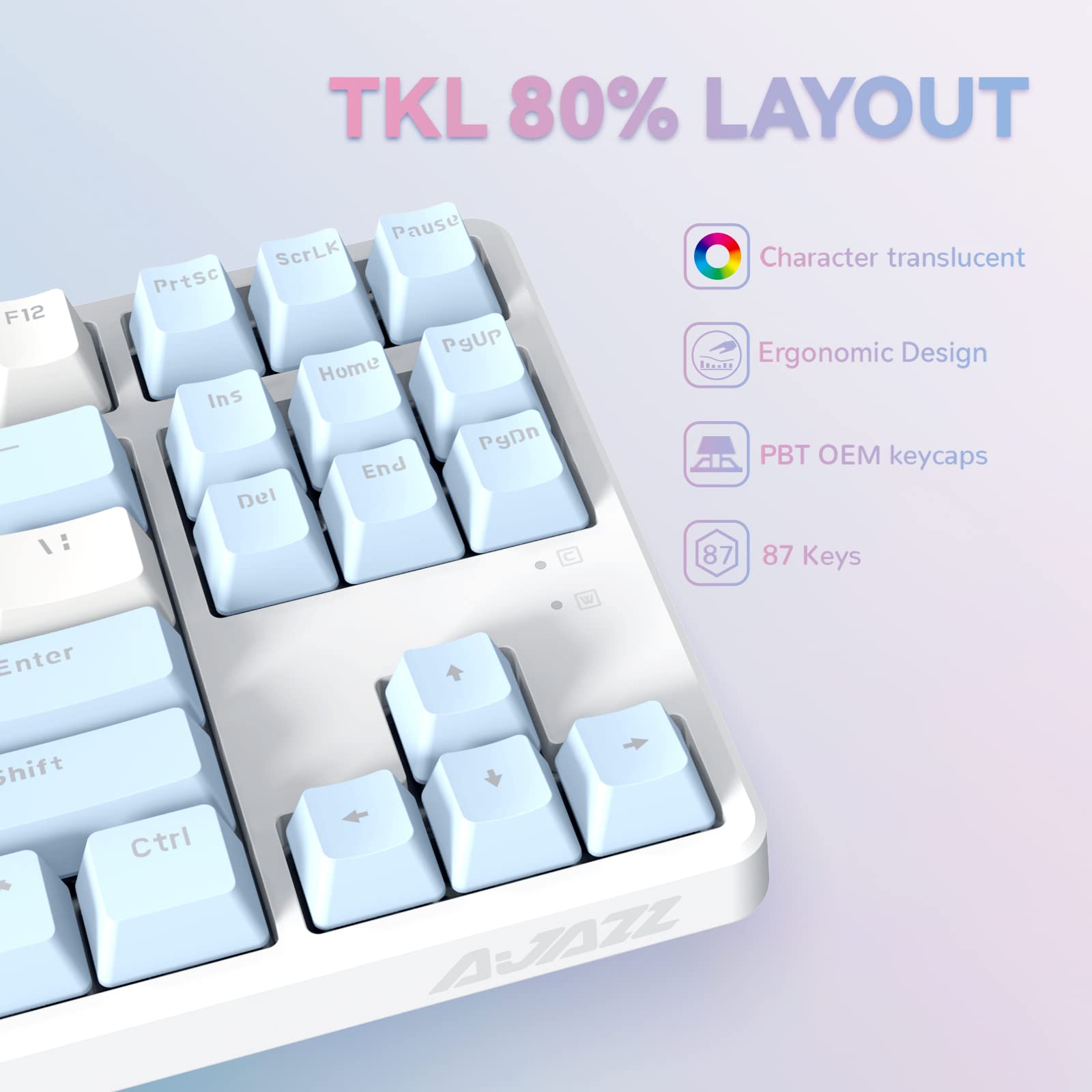 A.JAZZ AK873 Wired 87 Key TKL Mechanical Gaming Keyboard with Rainbow Backlit Hot-swap Tactile Blue Switch NKRO Gasket Ergonomic Cloud Wrist Rest Custom Coiled Aviator Cable for PC/Mac (Blue White)