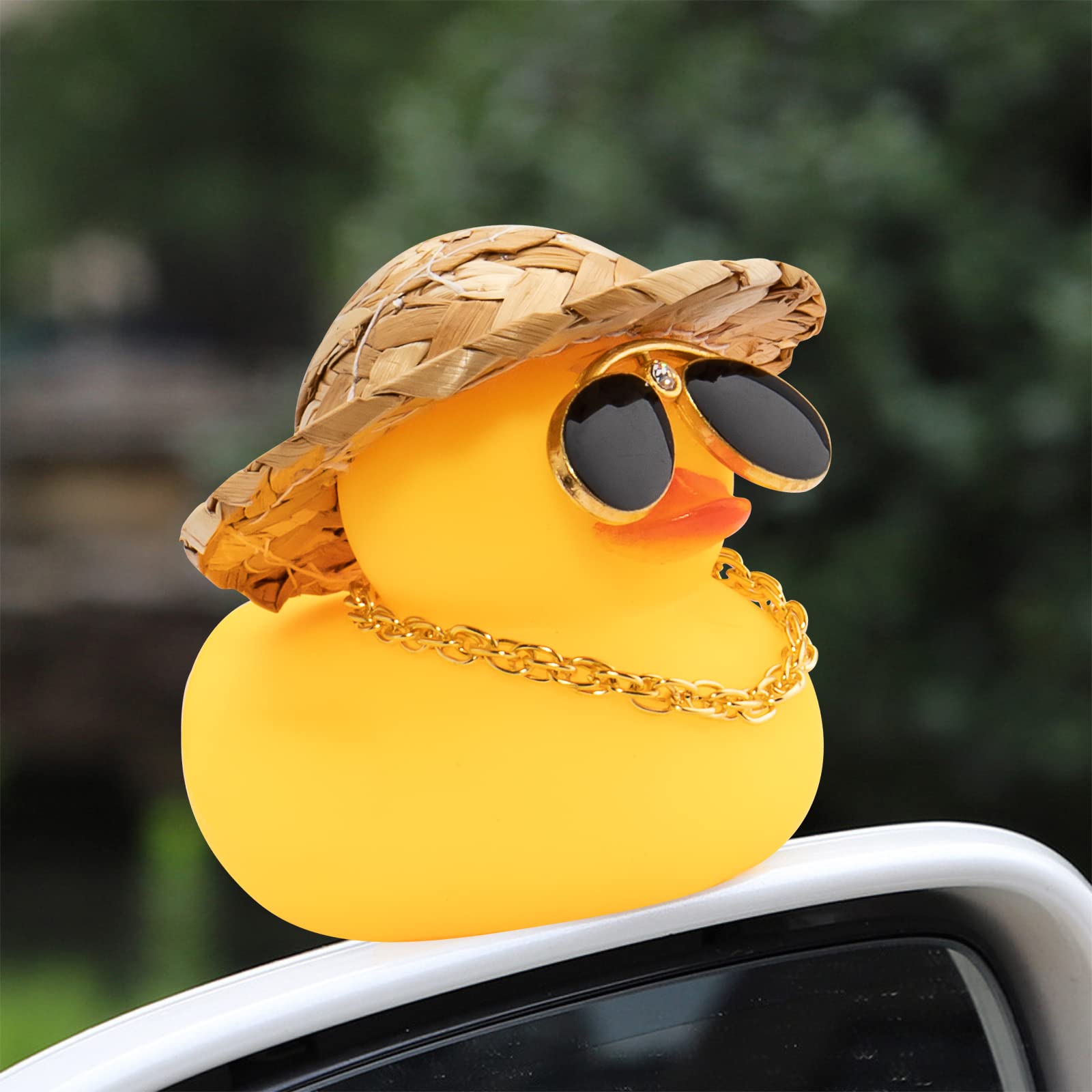 wonuu Swim Ring Rubber Ducks with Mini Diamond Glasses Hat Necklace for Cars Dashboard Decorations Car Accessories Toy Duck Car Ornament