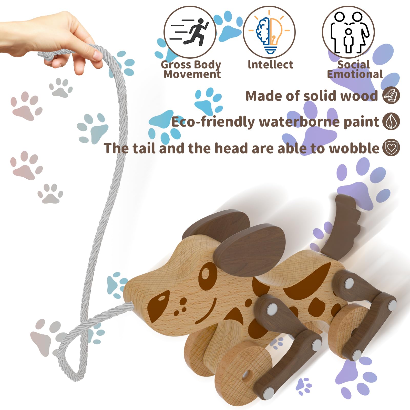 Montessori Toys 1 2 3 4 Years Old Boys Girls Wooden Walking Pull Dog Toy for Baby Toddler, Pull Along Walking Toys, Walk Along Puppy Pull, Wooden Pull & Push Toy