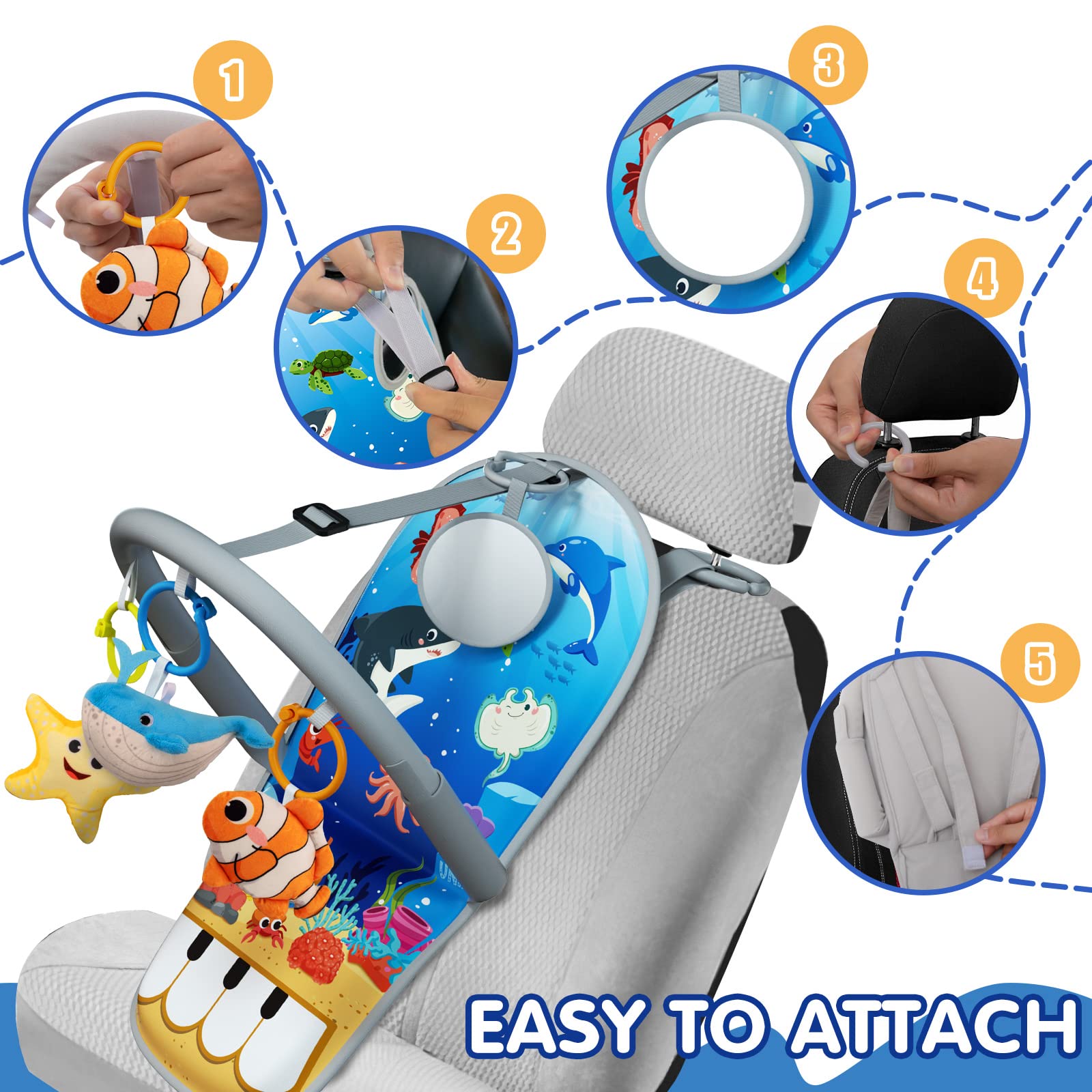 Baby Car Seat Toys for Travel 6 to 12 Months, Adjustable with Musical Pedal Piano, Baby Mirror and Hanging Squeaky Sensory Soft Infant Toys, Rear Facing