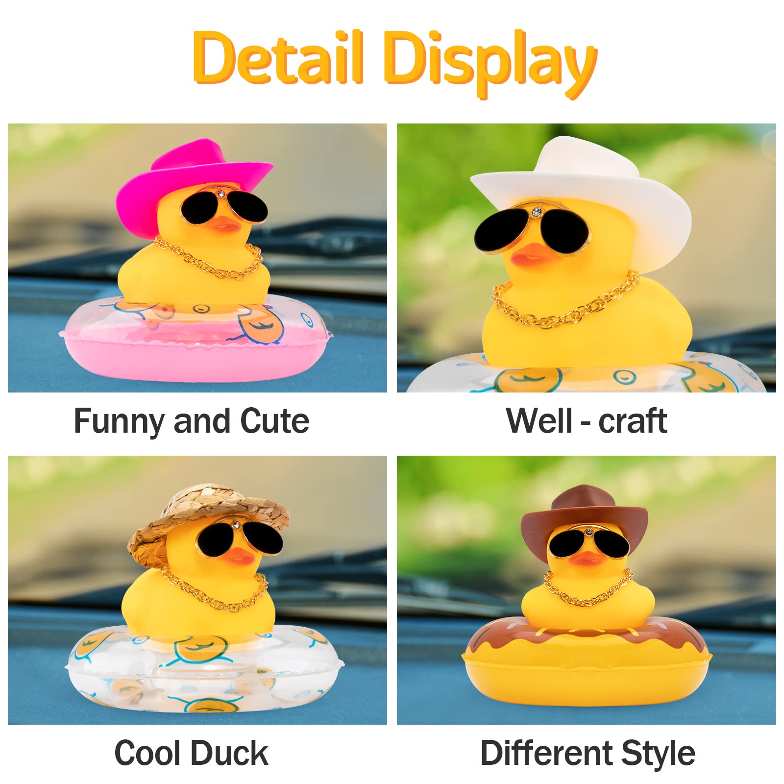 wonuu Swim Ring Rubber Ducks with Mini Diamond Glasses Hat Necklace for Cars Dashboard Decorations Car Accessories Toy Duck Car Ornament