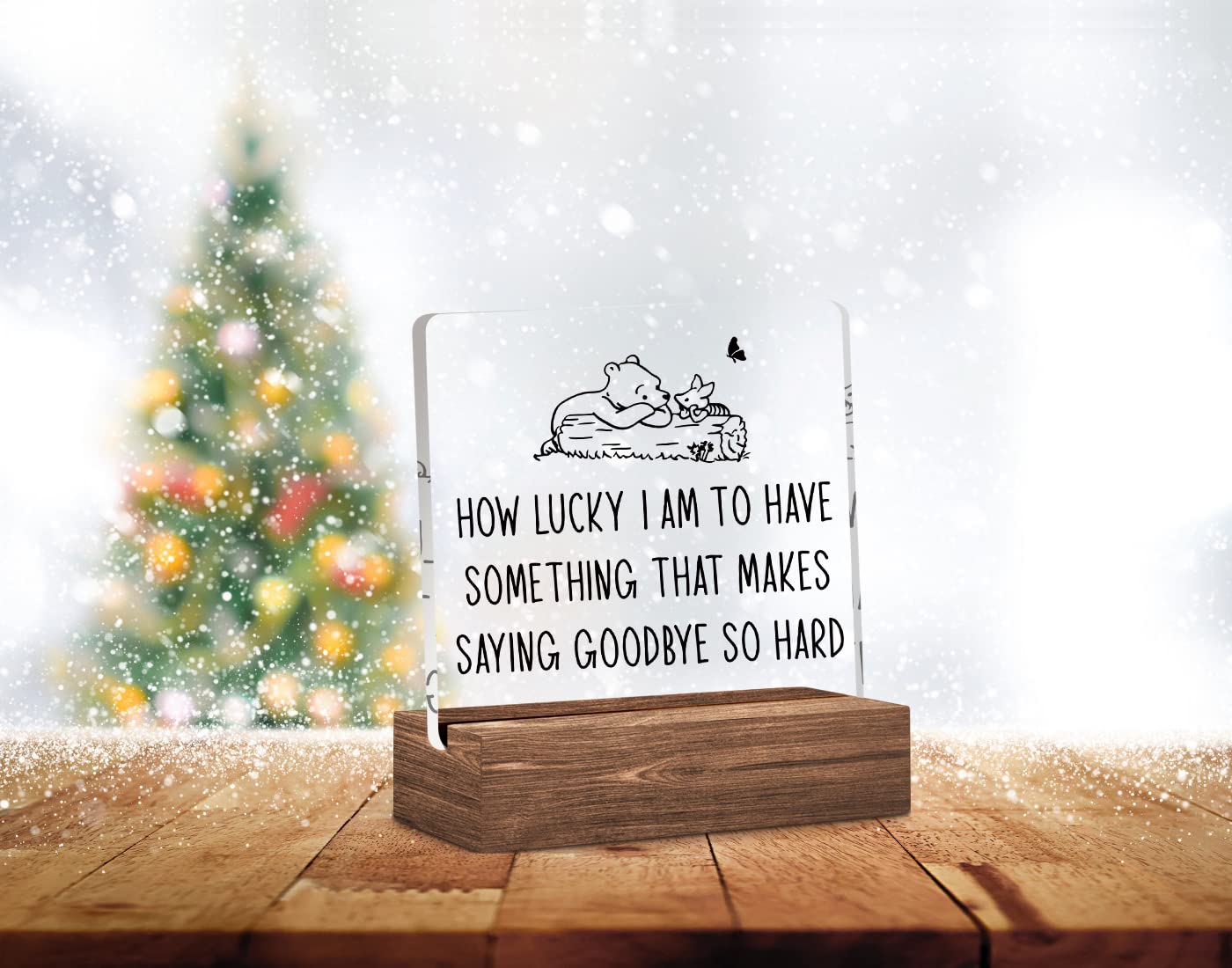 Graduation Goodbye Gifts, Cute Winnie the Pooh Clear Acrylic Desk Decorative Sign with Wood Stand, Home Office Positive Plaque Decor, Graduation Farewell Gifts for College Students Girls Boys