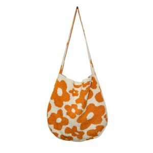 fairycore flower knitted tote bag aesthetic hobo bag fairy grunge casual beach handbags women y2k accessories (orange)