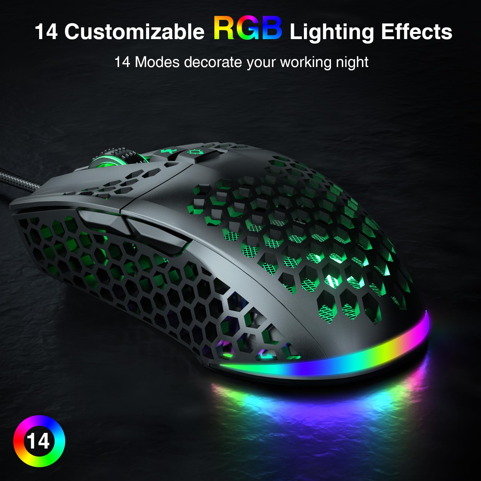 SOLAKAKA RGB Wired Gaming Mouse with Honeycomb Shell,Adjustable 12800 DPI,7 Programmable Buttons,Lightweight Gaming Mice Ergonomic Computer Mouse Gaming for Windows/PC/Mac/Laptop Gamer