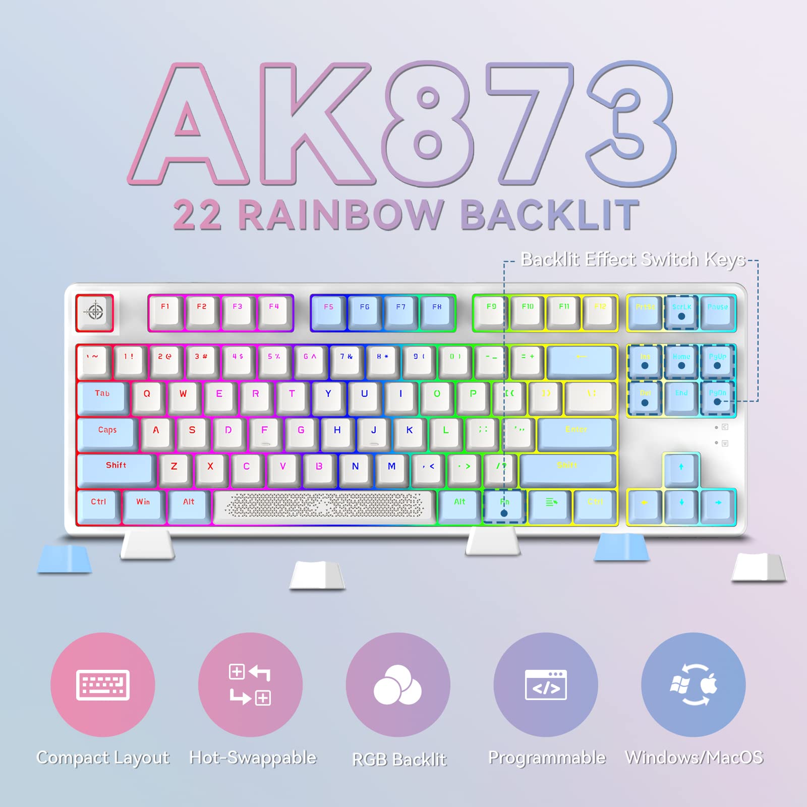 A.JAZZ AK873 Wired 87 Key TKL Mechanical Gaming Keyboard with Rainbow Backlit Hot-swap Tactile Blue Switch NKRO Gasket Ergonomic Cloud Wrist Rest Custom Coiled Aviator Cable for PC/Mac (Blue White)