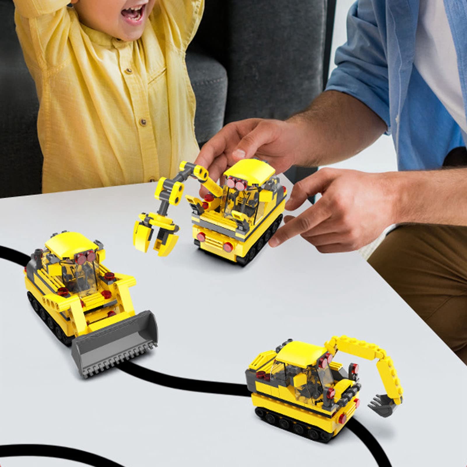 Elolicu Inductive Car Toy for Kid, Follow Line Inductive Car Building Excavator Toy Trucks Vehicle Construction DIY Induction Building Blocks Assembled Excavator Toy Car for Over 3 Years Old Kids