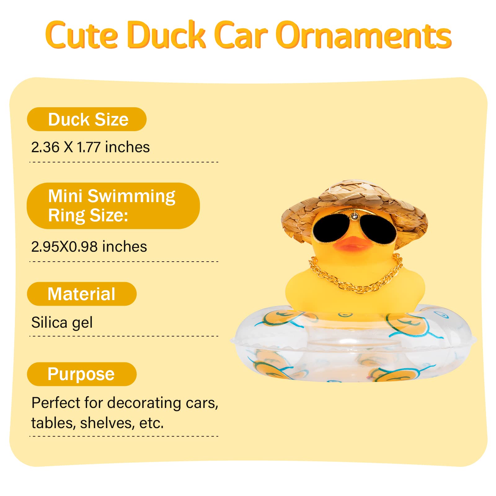 wonuu Swim Ring Rubber Ducks with Mini Diamond Glasses Hat Necklace for Cars Dashboard Decorations Car Accessories Toy Duck Car Ornament