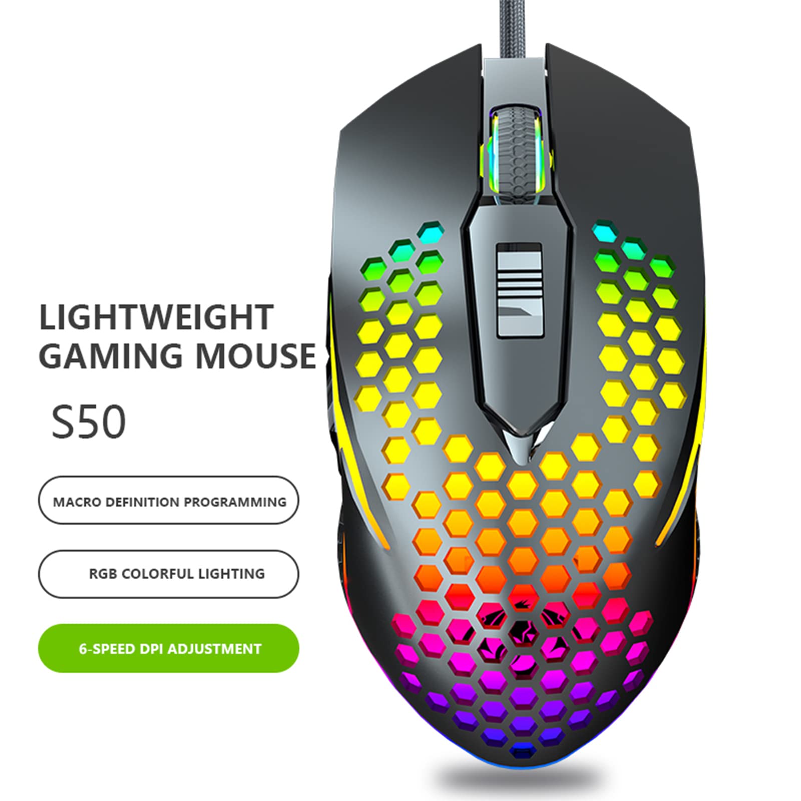 YOUCYYNB Circle Pit S50 RGB Gaming Mouse with Lightweight Honeycomb Shell, Adjusted 6400DPI, 6 Programmable Buttons (White)