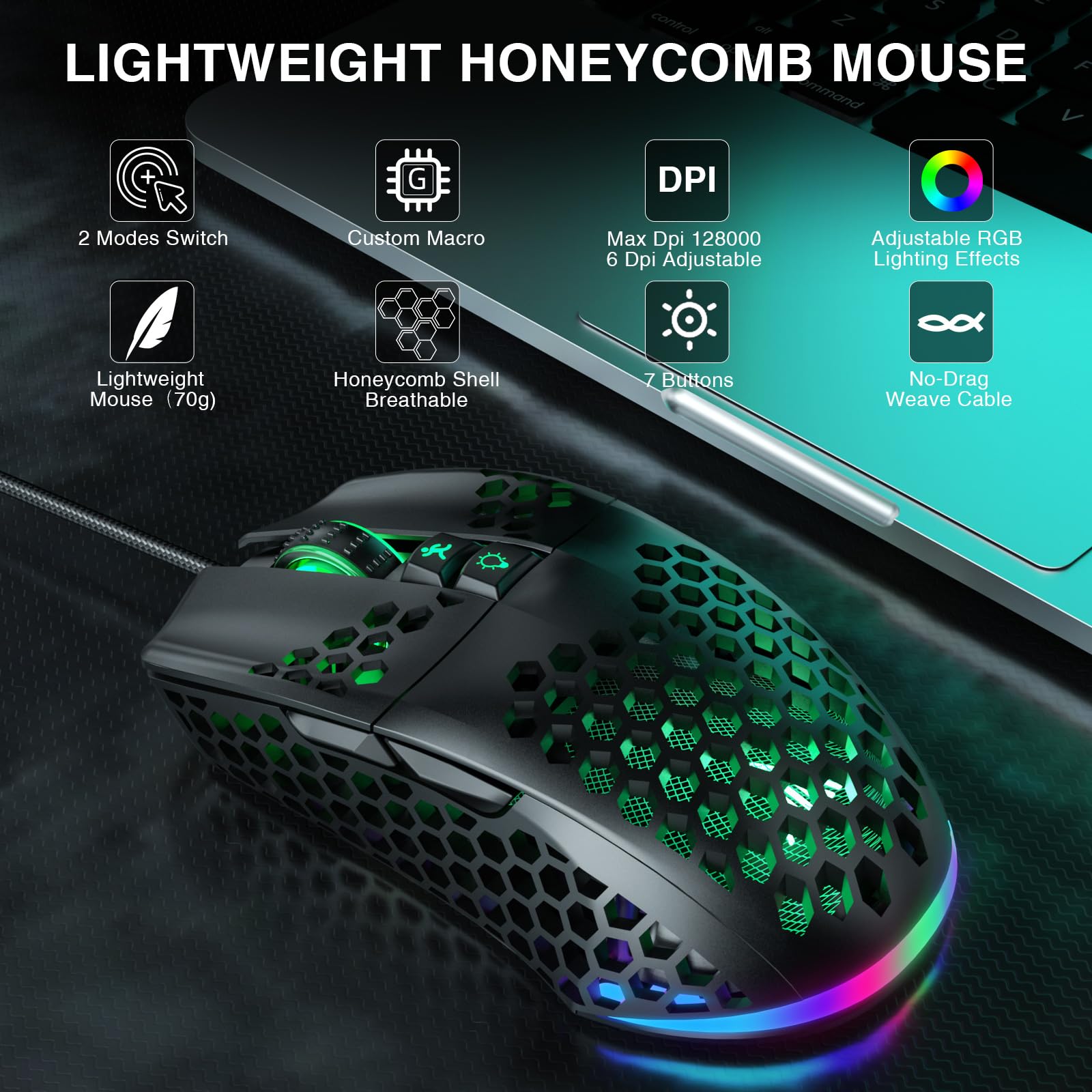 SOLAKAKA RGB Wired Gaming Mouse with Honeycomb Shell,Adjustable 12800 DPI,7 Programmable Buttons,Lightweight Gaming Mice Ergonomic Computer Mouse Gaming for Windows/PC/Mac/Laptop Gamer