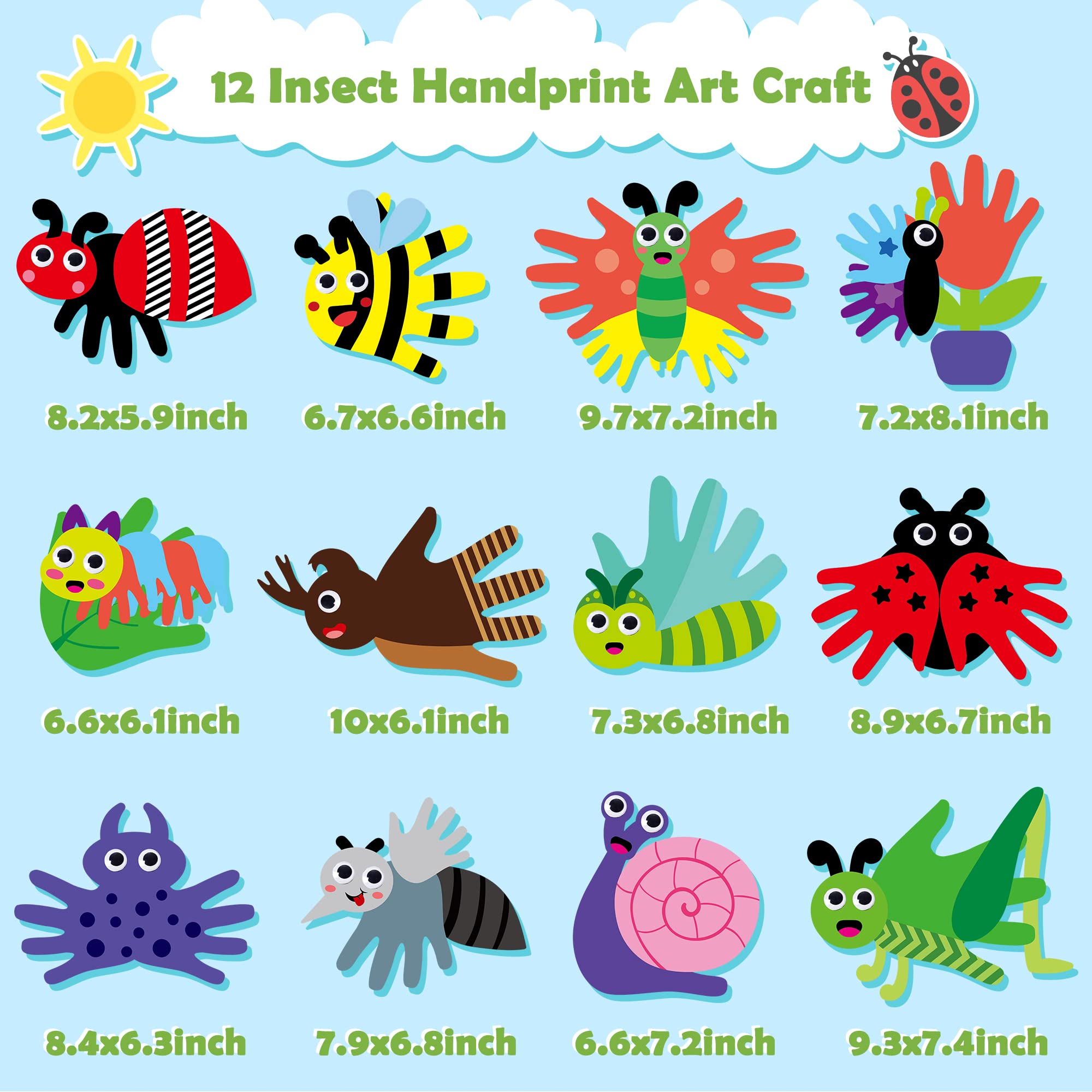 WATINC 12Pcs Spring Insect Handprint Art Craft Bug Crafts Butterfly Dragonfly Summer Springtime DIY Bug Kit Animal Themed Art Supplies Preschool Class Hand Print Activity Party Ornaments for Kids