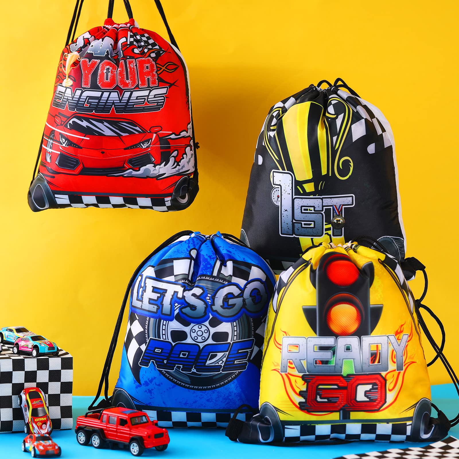 Ferraycle 16 Pcs Race Car Birthday Party Supplies Race Car Favor Bags Race Car Drawstring Bags Goodie Bags for Gifts, 4 Styles