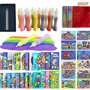 JKanruh 48 Pcs Art Kits,12 Color Sand Art Kits with 24 Sheets Sand Art Painting Cards,12 Sheets Magic Sticker Painting Set for Arts and Crafts,DIY Painting,Drawing