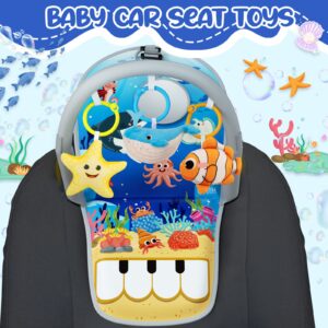 Baby Car Seat Toys for Travel 6 to 12 Months, Adjustable with Musical Pedal Piano, Baby Mirror and Hanging Squeaky Sensory Soft Infant Toys, Rear Facing