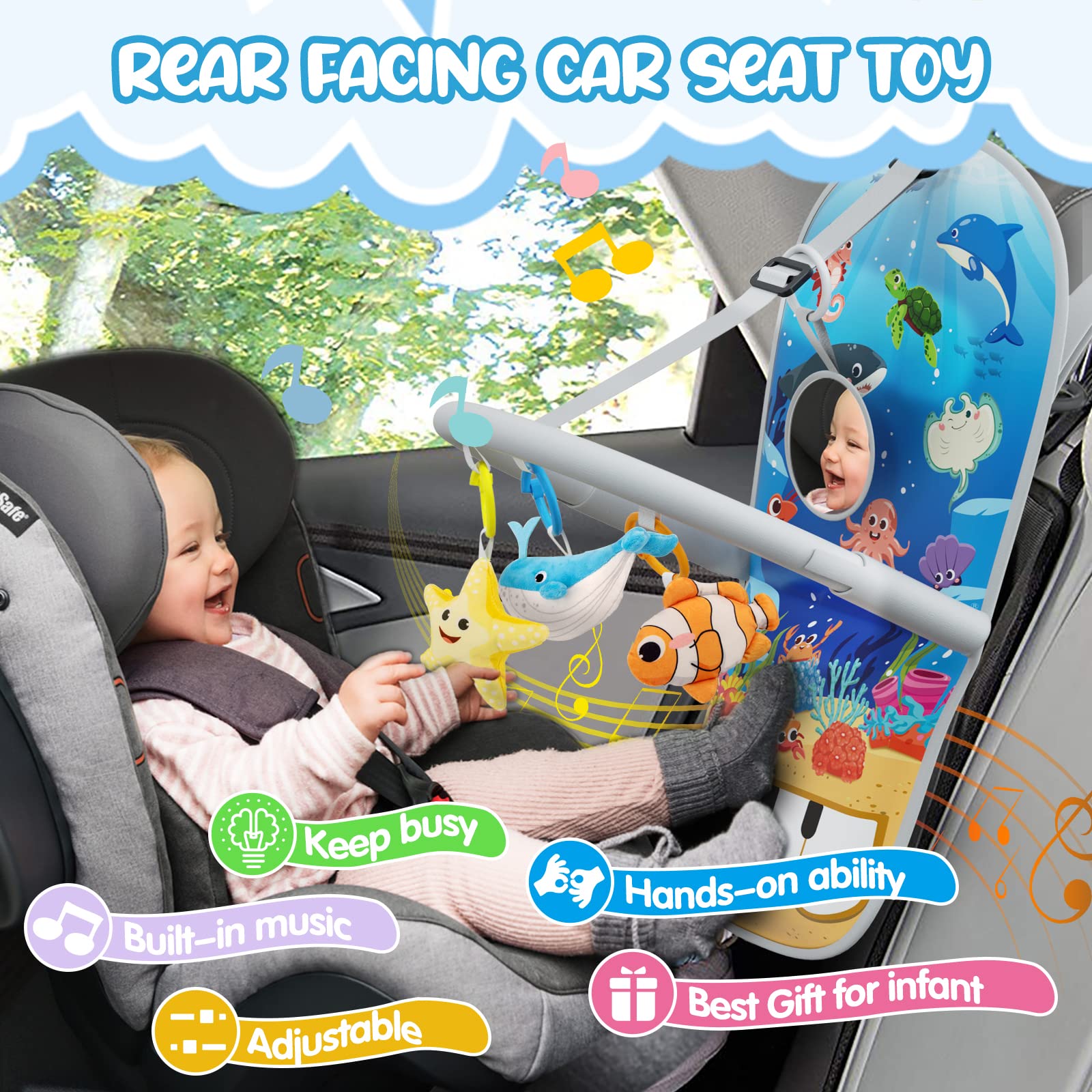 Baby Car Seat Toys for Travel 6 to 12 Months, Adjustable with Musical Pedal Piano, Baby Mirror and Hanging Squeaky Sensory Soft Infant Toys, Rear Facing