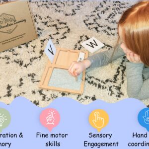 Montessori Sand Tray for Kids 3 4 5 6 Years Old Sand Writing Tray Learning Sensory Toy Educational Alphabet and Phonic Words Comes with Sand, Tray, Lid, 2 Sets of Flashcards, Stylus (Dark Blue)