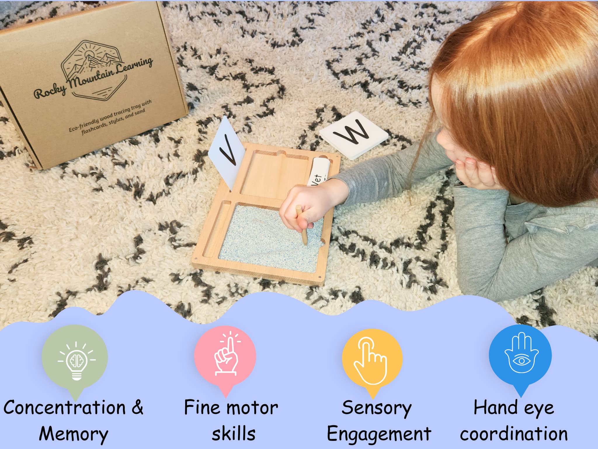 Montessori Sand Tray for Kids 3 4 5 6 Years Old Sand Writing Tray Learning Sensory Toy Educational Alphabet and Phonic Words Comes with Sand, Tray, Lid, 2 Sets of Flashcards, Stylus (Dark Blue)