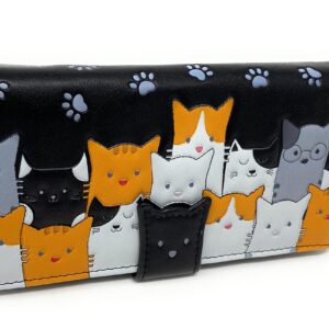 Shag Wear Kitty Cat Crowd Chic Large Animal Wallet for Women and Teen Girls Vegan Faux Leather Black 7"