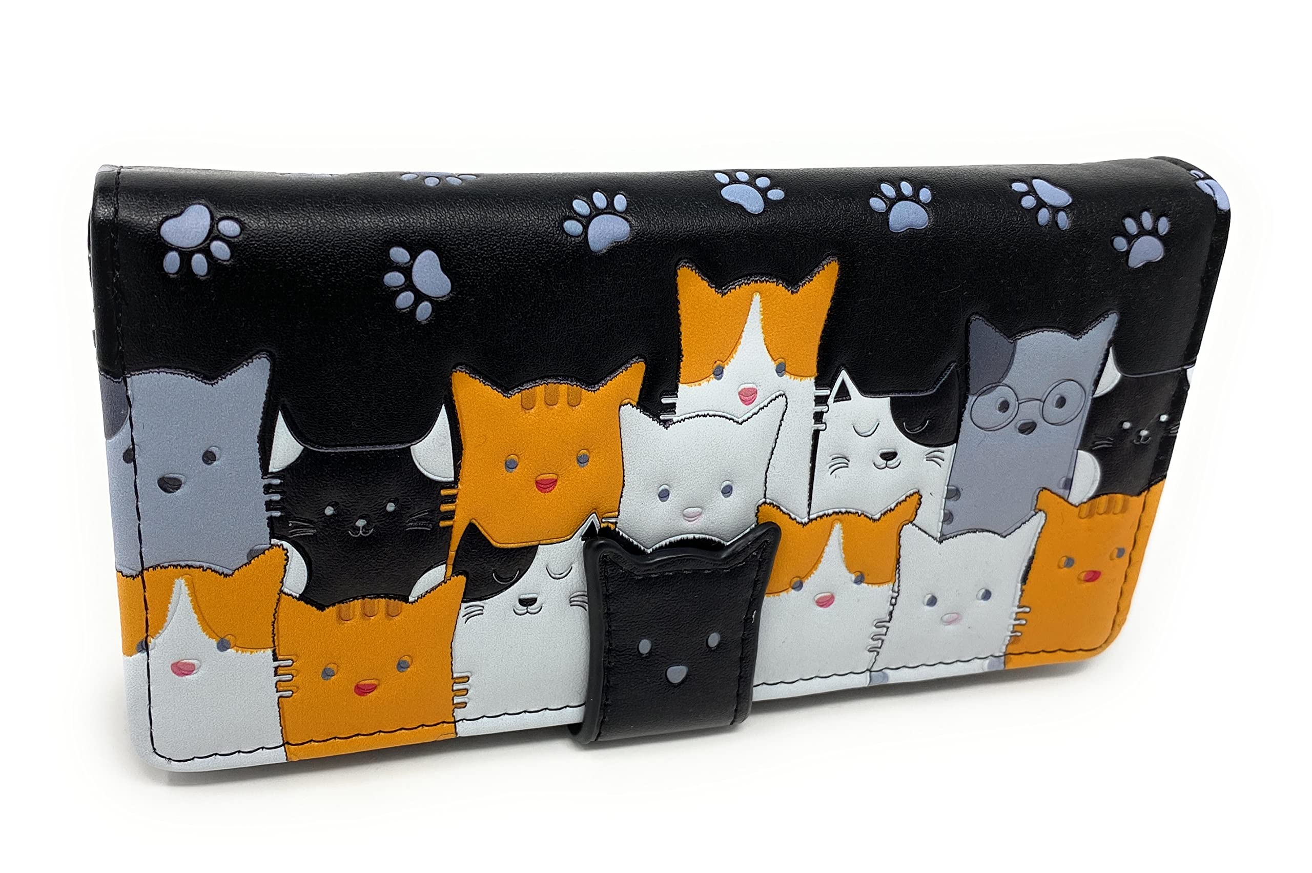 Shag Wear Kitty Cat Crowd Chic Large Animal Wallet for Women and Teen Girls Vegan Faux Leather Black 7"