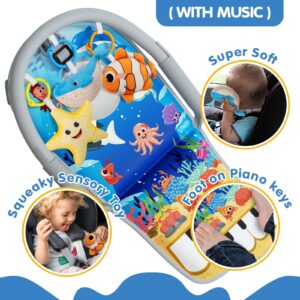 Baby Car Seat Toys for Travel 6 to 12 Months, Adjustable with Musical Pedal Piano, Baby Mirror and Hanging Squeaky Sensory Soft Infant Toys, Rear Facing