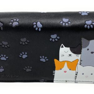 Shag Wear Kitty Cat Crowd Chic Large Animal Wallet for Women and Teen Girls Vegan Faux Leather Black 7"