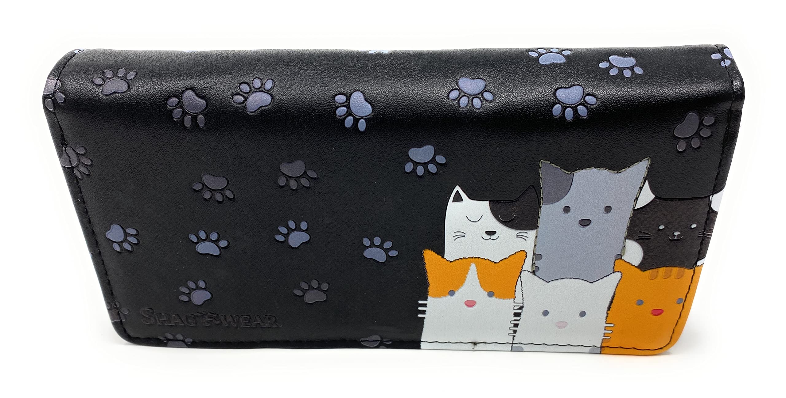 Shag Wear Kitty Cat Crowd Chic Large Animal Wallet for Women and Teen Girls Vegan Faux Leather Black 7"