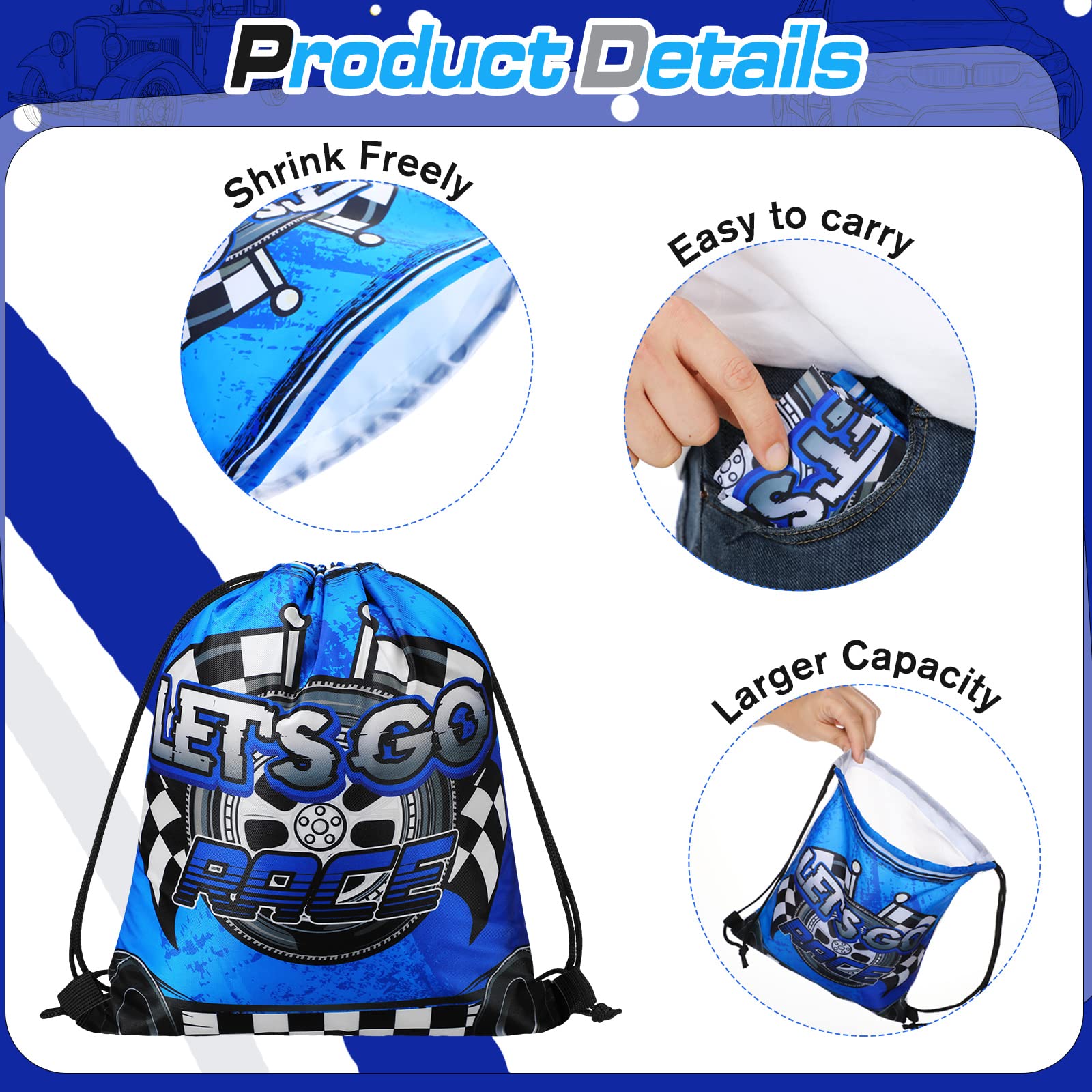 Ferraycle 16 Pcs Race Car Birthday Party Supplies Race Car Favor Bags Race Car Drawstring Bags Goodie Bags for Gifts, 4 Styles