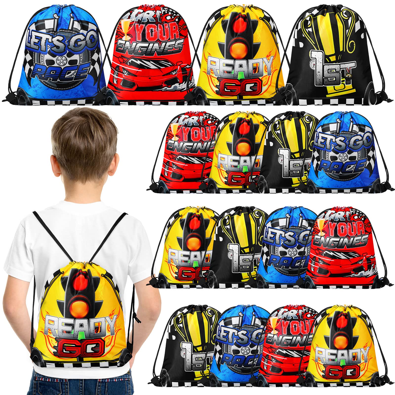 Ferraycle 16 Pcs Race Car Birthday Party Supplies Race Car Favor Bags Race Car Drawstring Bags Goodie Bags for Gifts, 4 Styles