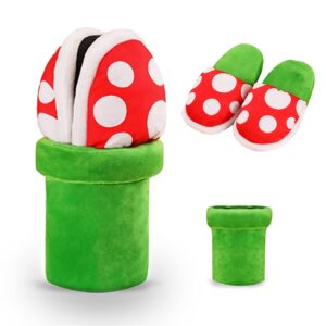 LIN&BABAY Piranha Plants Plush Slippers for Women Men Cute Cartoon Cotton Shoes with Green Pipe Pot Holder Valentine's Day Gifts (Piranha Plants)