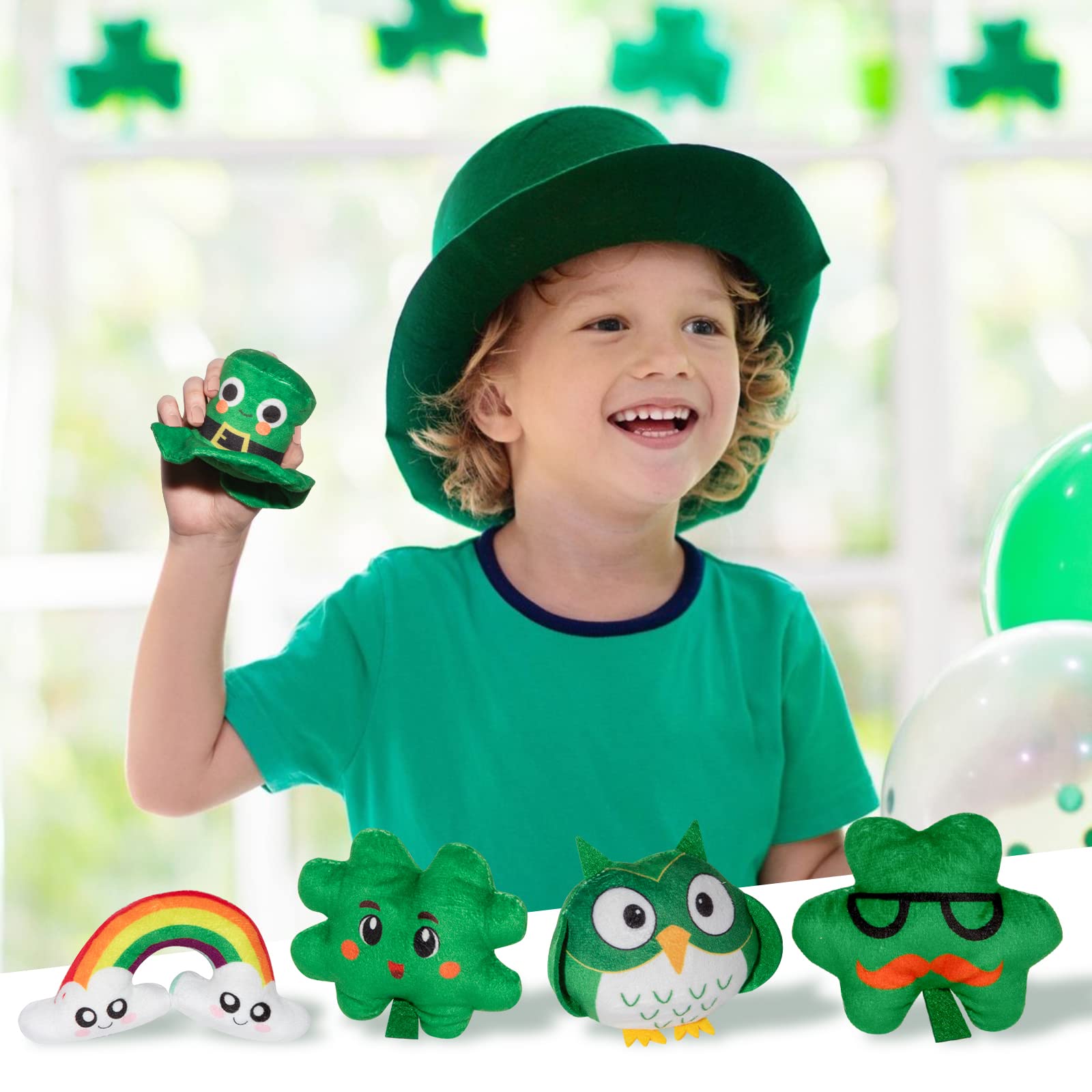 St. Patrick's Day Gifts for Kids Babys First St.Patrick's Day Toys Irish Baby 1st Gifts, 5 Lucky Green Toys Leprechaun Stuffed Toy Built-in Sounder: Green Hat, Shamrock, Four Leaf Clover, Owl, Rainbow