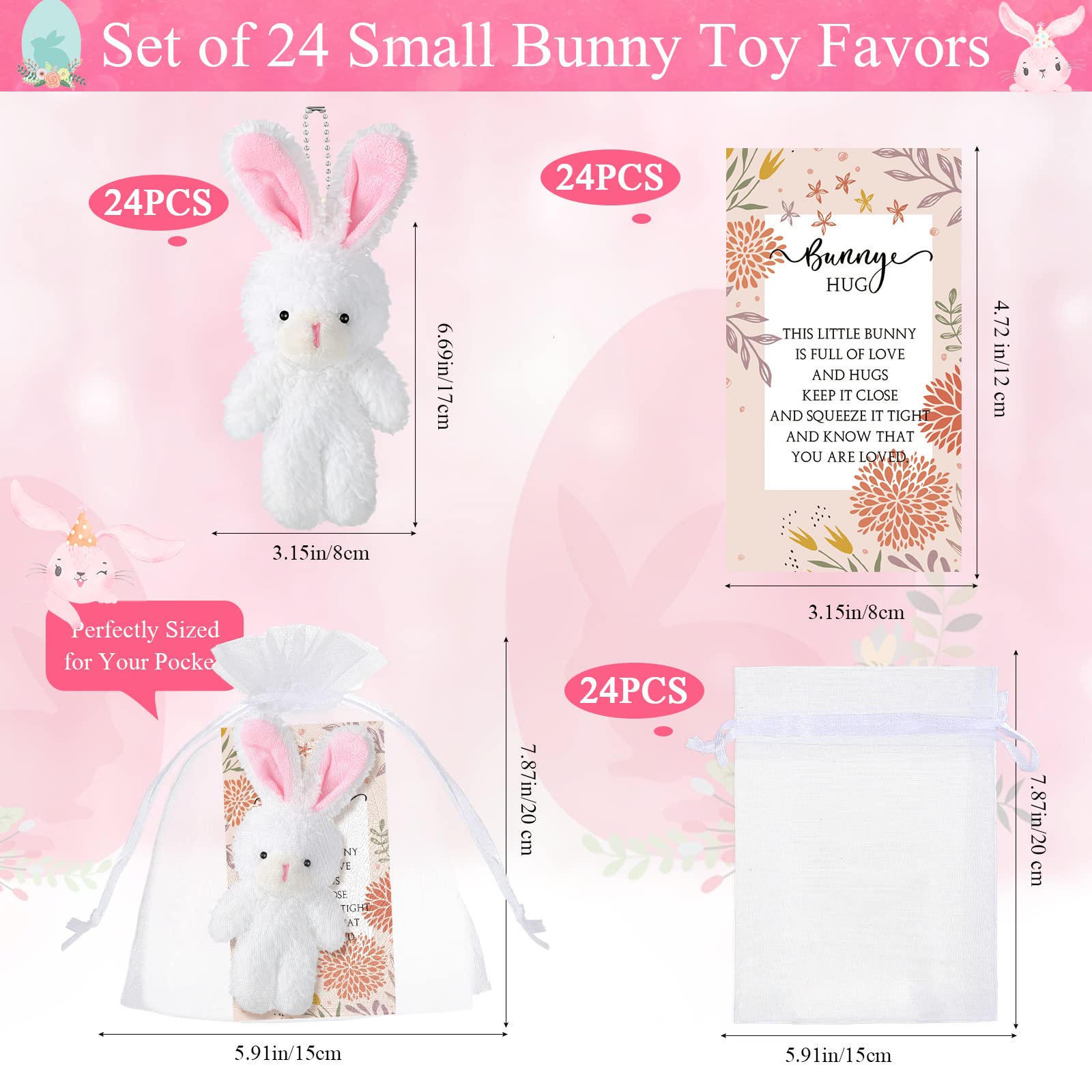 Fuutreo 24 Sets Bunny Stuffed Animal Gift Include 24 Pcs Mini Plush Stuffed Bunny Doll Bunny Hug Card with Organza Bags for Teacher Students Christmas Party Favors(Sweet Bunny)