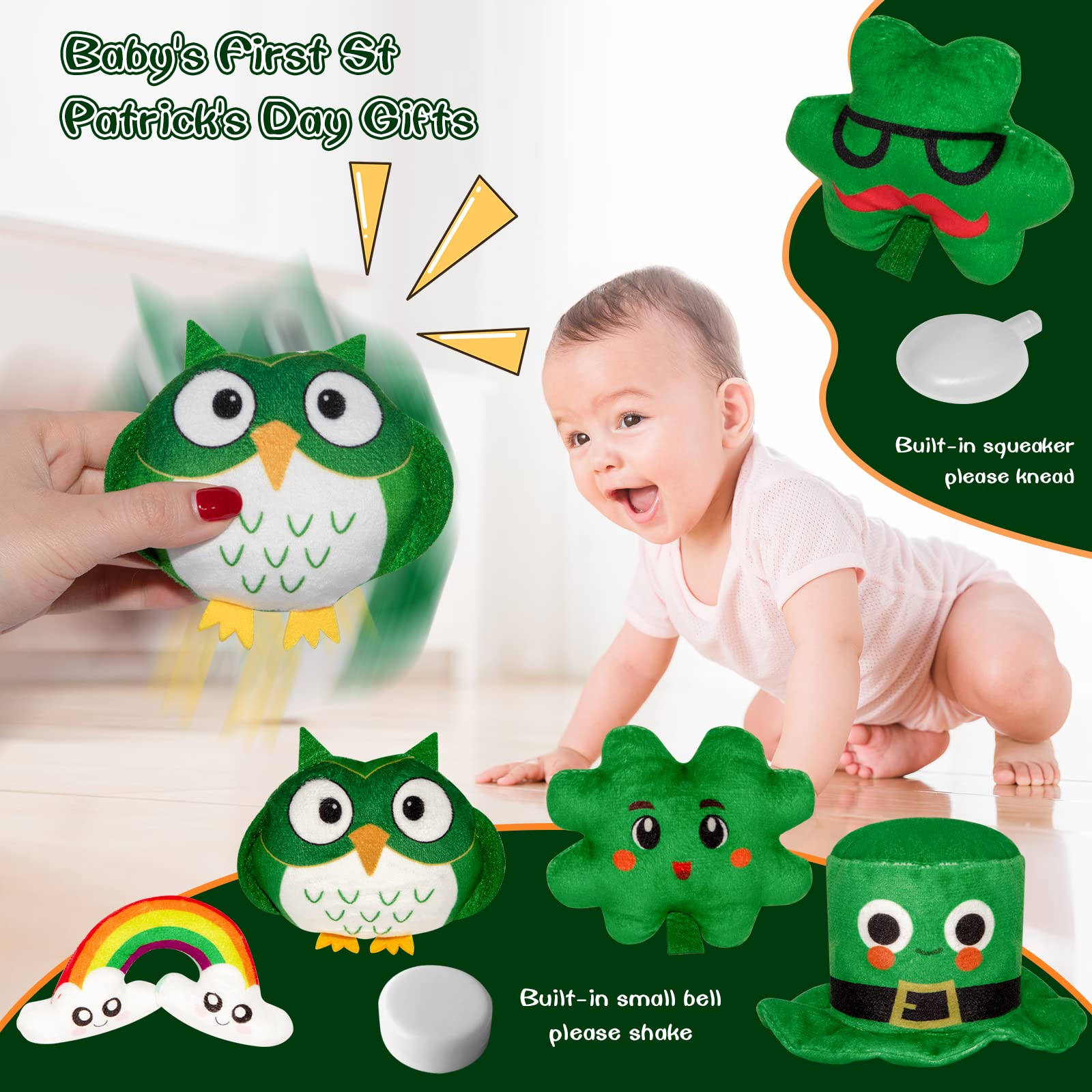 St. Patrick's Day Gifts for Kids Babys First St.Patrick's Day Toys Irish Baby 1st Gifts, 5 Lucky Green Toys Leprechaun Stuffed Toy Built-in Sounder: Green Hat, Shamrock, Four Leaf Clover, Owl, Rainbow