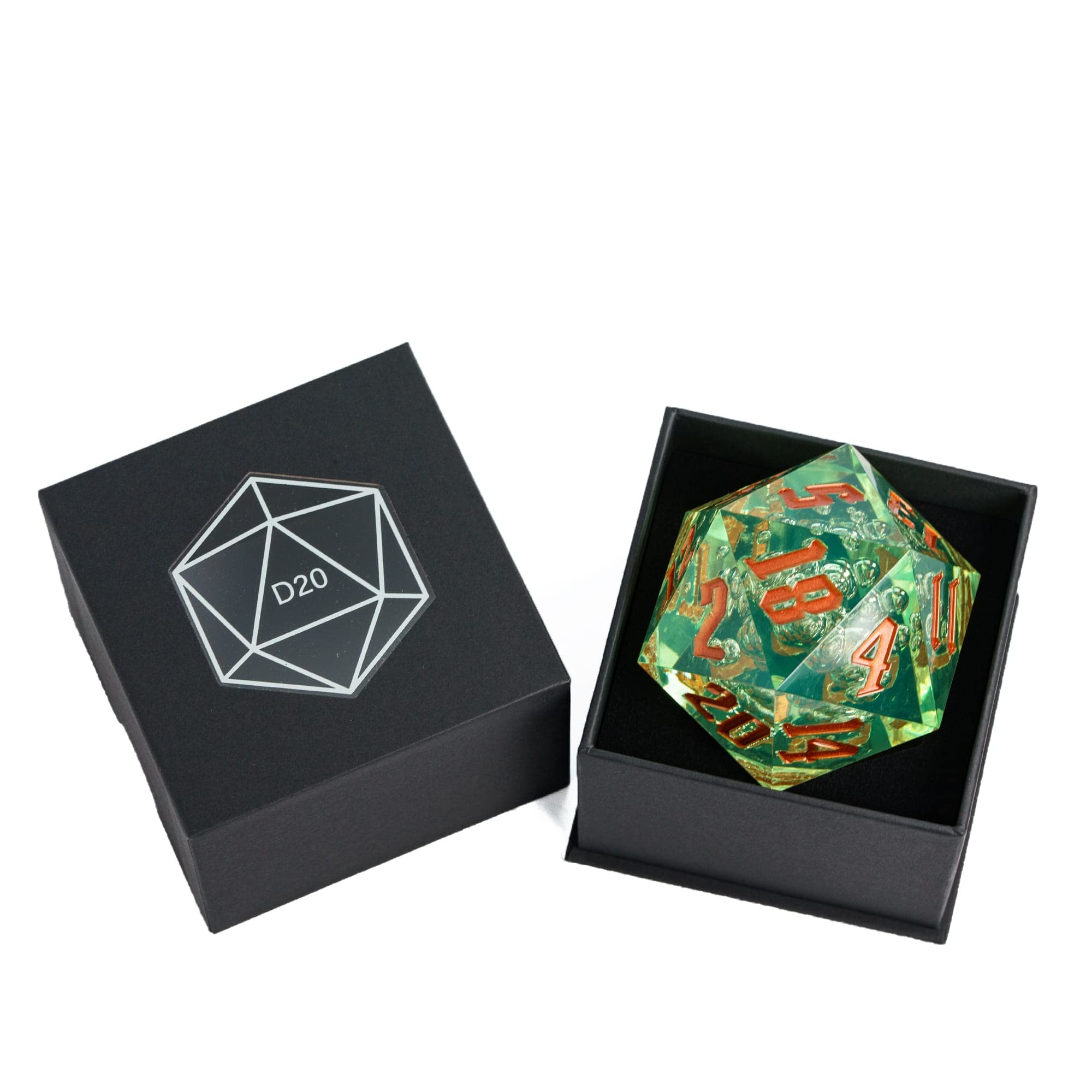 Poludie D20 Single Dice 55mm, 20 Sided DND Dice, Giant D20 D&D Polyhedral Dice Large D20 with Dice Gift Box for Dungeons and Dragons, RPG, MTG Table Games (Transparent Green Bubbles)