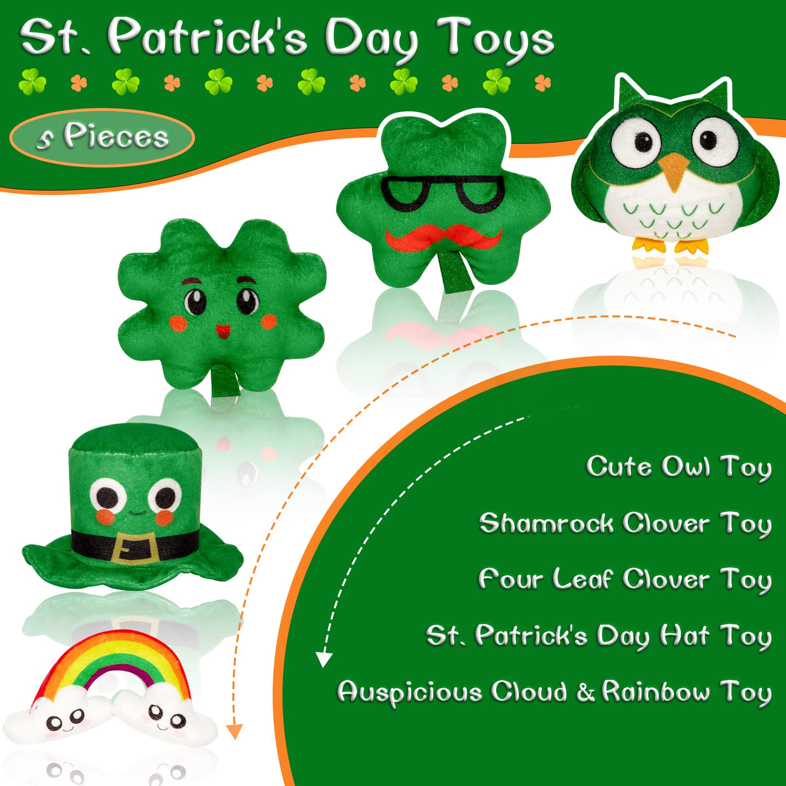 St. Patrick's Day Gifts for Kids Babys First St.Patrick's Day Toys Irish Baby 1st Gifts, 5 Lucky Green Toys Leprechaun Stuffed Toy Built-in Sounder: Green Hat, Shamrock, Four Leaf Clover, Owl, Rainbow