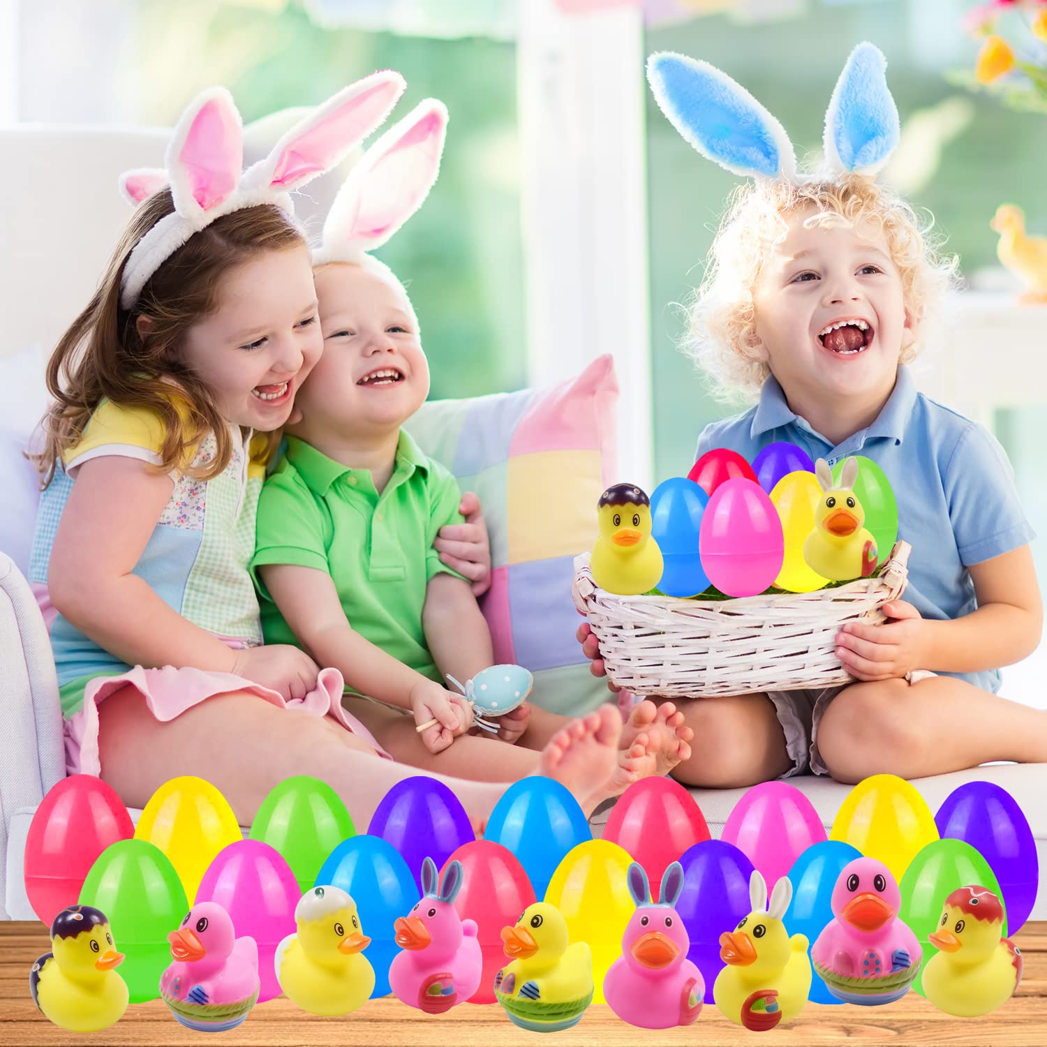 30 Pcs Prefilled Easter Eggs with Bunny Duckies,Bright Colorful Easter Eggs Prefilled with Variety Duckies for Fun Bath Bunny Duckies, Easter Basket Stuffers and Bathtub Toys Party Favors