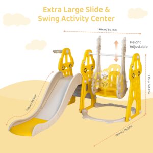 4-in-1 Toddler Slide and Swing Set with Extra Large Playground, Basketball Hoop & Climber, Indoor/Outdoor Playset, Taxi Collection – Yellow