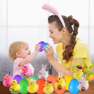 Holydeck 20 Pcs Prefilled Easter Eggs with Rubber Duckies Bright Colorful Easter Eggs Prefilled with Variety Bunny Duckies for Kids Easter Basket Stuffers and Party Favors