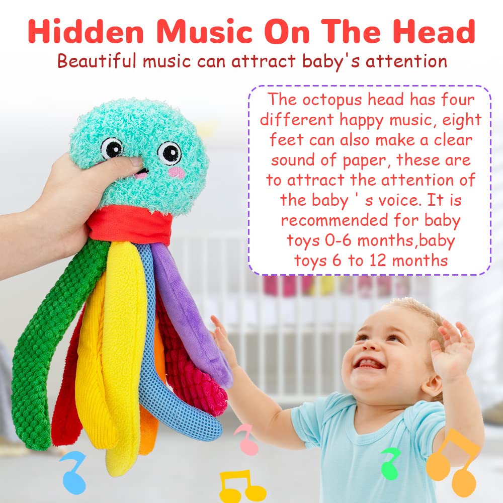 beetoy Infant Toy Baby Plush Toys, Baby Musical Toy with Octopus Shape, Stuffed Animal for Girl boys Infant, Sensory Toys for Babies Soft Toys with Crinkle & Textures, Tummy Time Toys