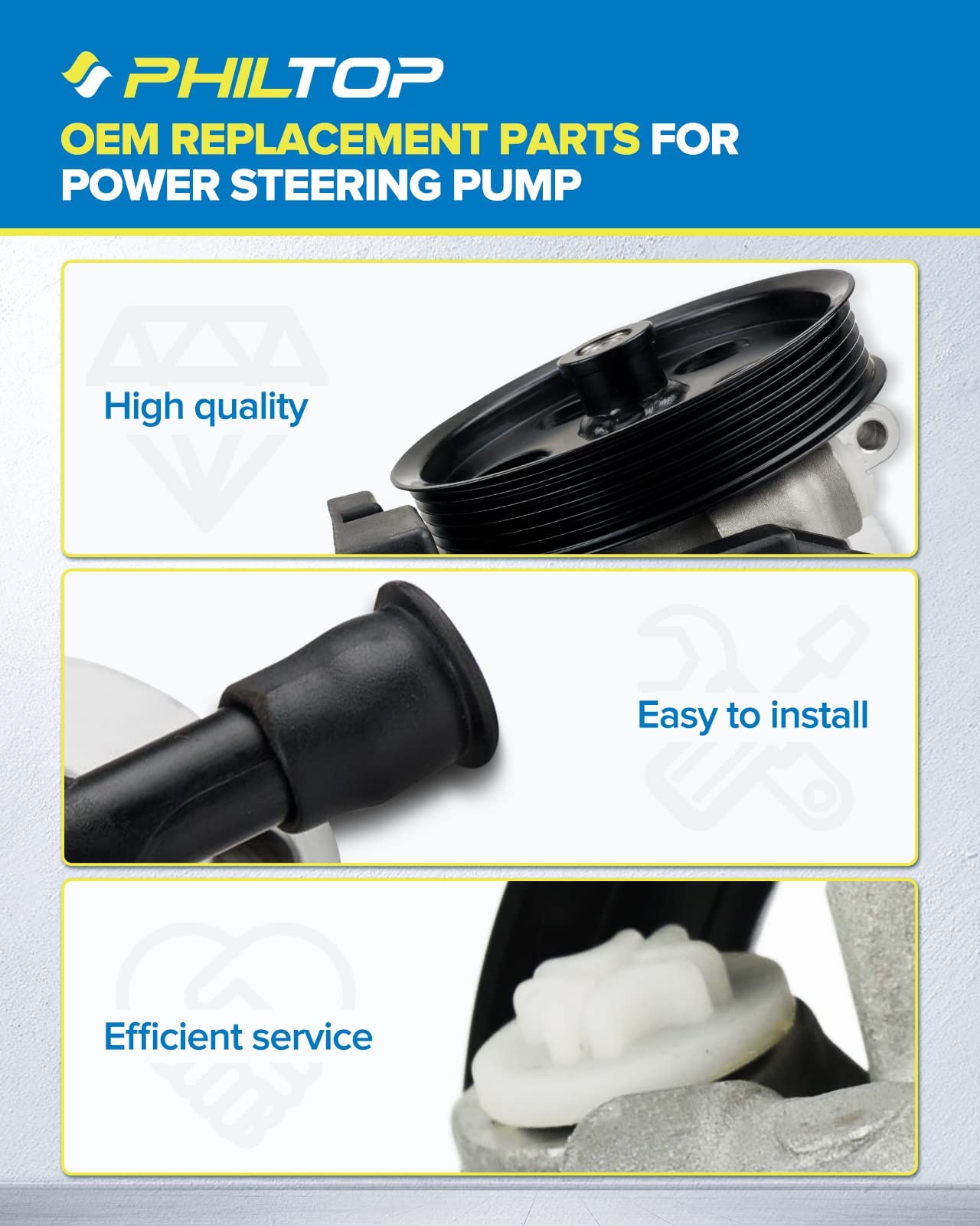 PHILTOP Power Steering Pump 20-326 OE Replacement For Focus 2006-2011, Transit Connect 2010-2011 2.0L, 6S4Z3A674A, 6S4Z3A674ARM, 7S4Z3A674A Power Assist Pump