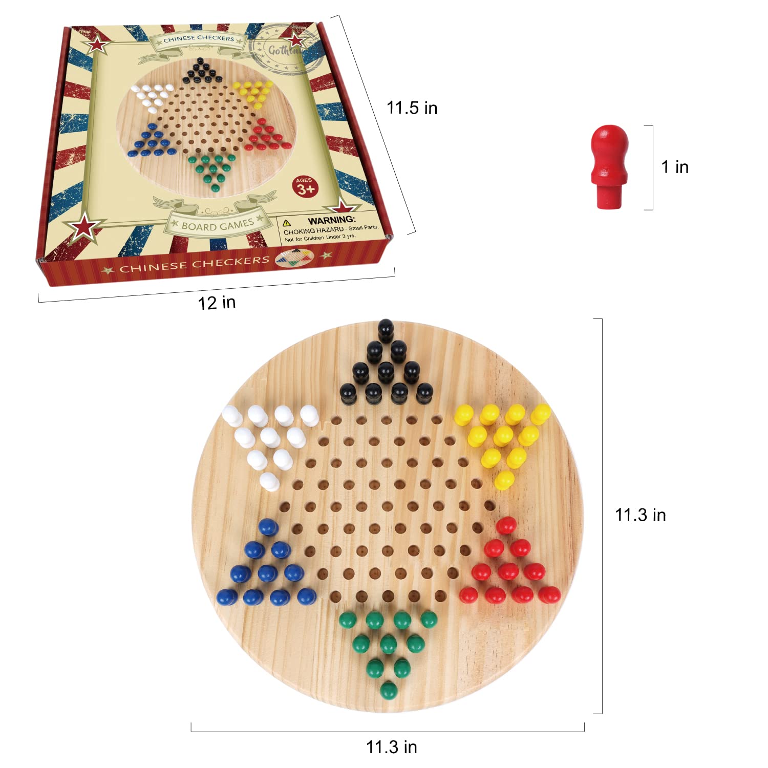 Gothink Chinese Checkers Board Game Toy for Adults Seniors Kids, 11.3 Classic Wooden Checkers Game Set, Fun Family Board Games for All Ages