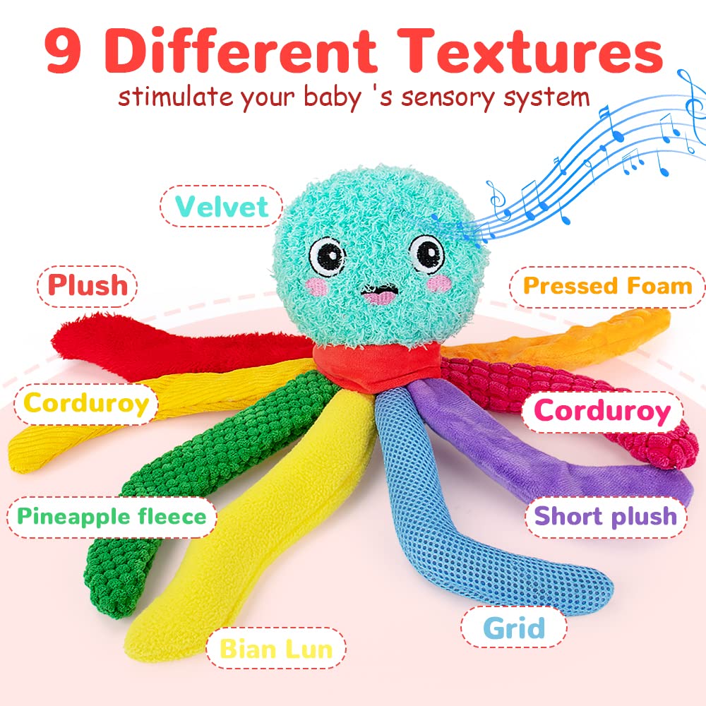 beetoy Infant Toy Baby Plush Toys, Baby Musical Toy with Octopus Shape, Stuffed Animal for Girl boys Infant, Sensory Toys for Babies Soft Toys with Crinkle & Textures, Tummy Time Toys