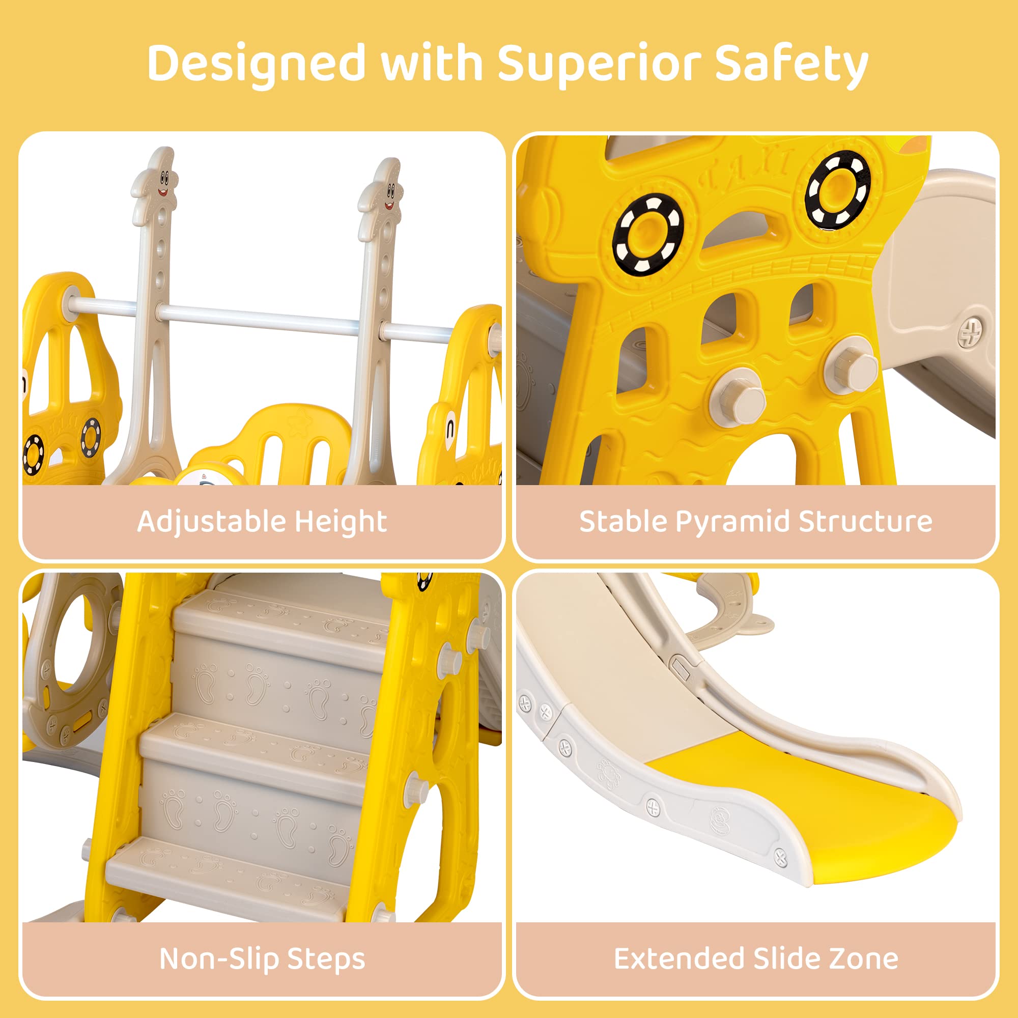 4-in-1 Toddler Slide and Swing Set with Extra Large Playground, Basketball Hoop & Climber, Indoor/Outdoor Playset, Taxi Collection – Yellow