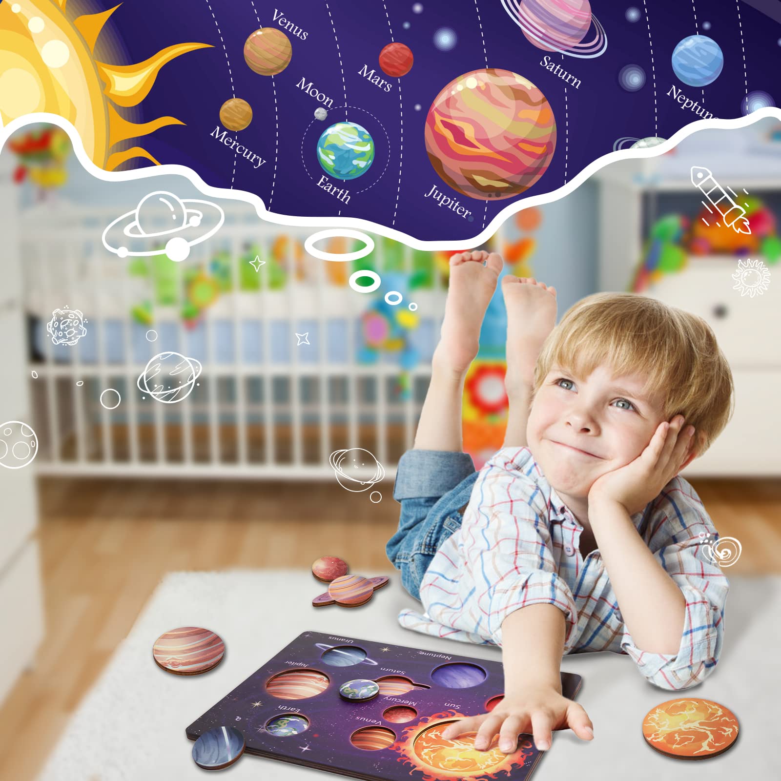 Zeoddler Upgrated Solar System Puzzle for Kids 3-6, Wooden Space Toys for Kids, Planets for Kids Preschool Learning Activities, Gift for Boys, Girls