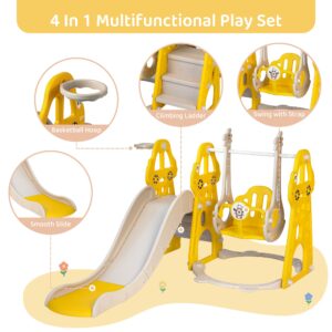 4-in-1 Toddler Slide and Swing Set with Extra Large Playground, Basketball Hoop & Climber, Indoor/Outdoor Playset, Taxi Collection – Yellow