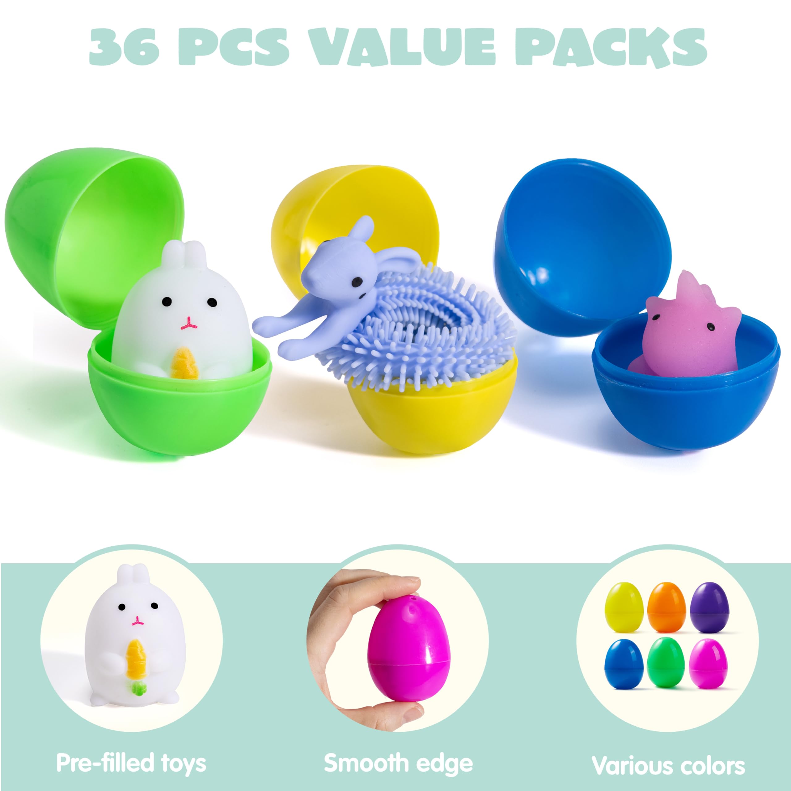 JOYIN 36 PCS Prefilled Easter Eggs with Stress Relief Toys, Plastic Easter Eggs for Easter Egg Hunt Supplies, Easter Party Favors, Easter Basket Stuffers, Easter Classroom Prize Supplies