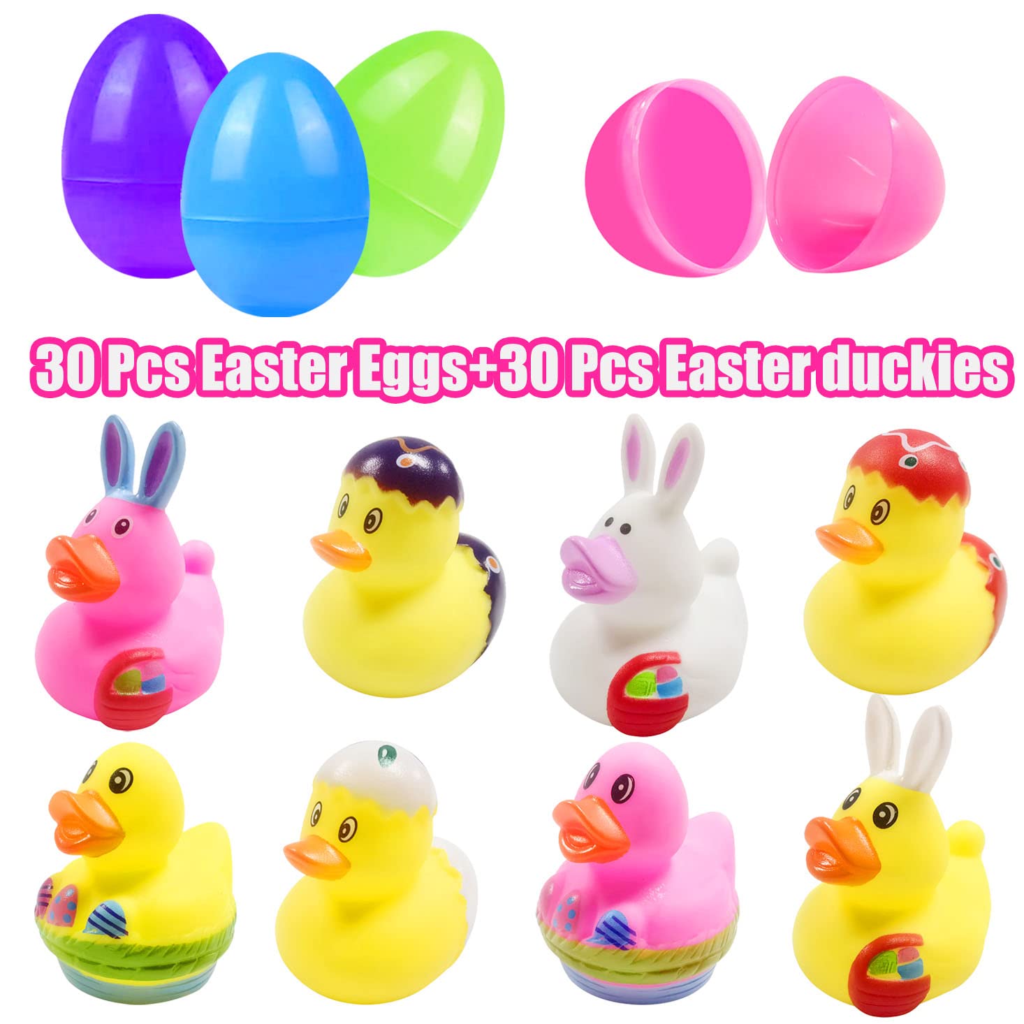 30 Pcs Prefilled Easter Eggs with Bunny Duckies,Bright Colorful Easter Eggs Prefilled with Variety Duckies for Fun Bath Bunny Duckies, Easter Basket Stuffers and Bathtub Toys Party Favors