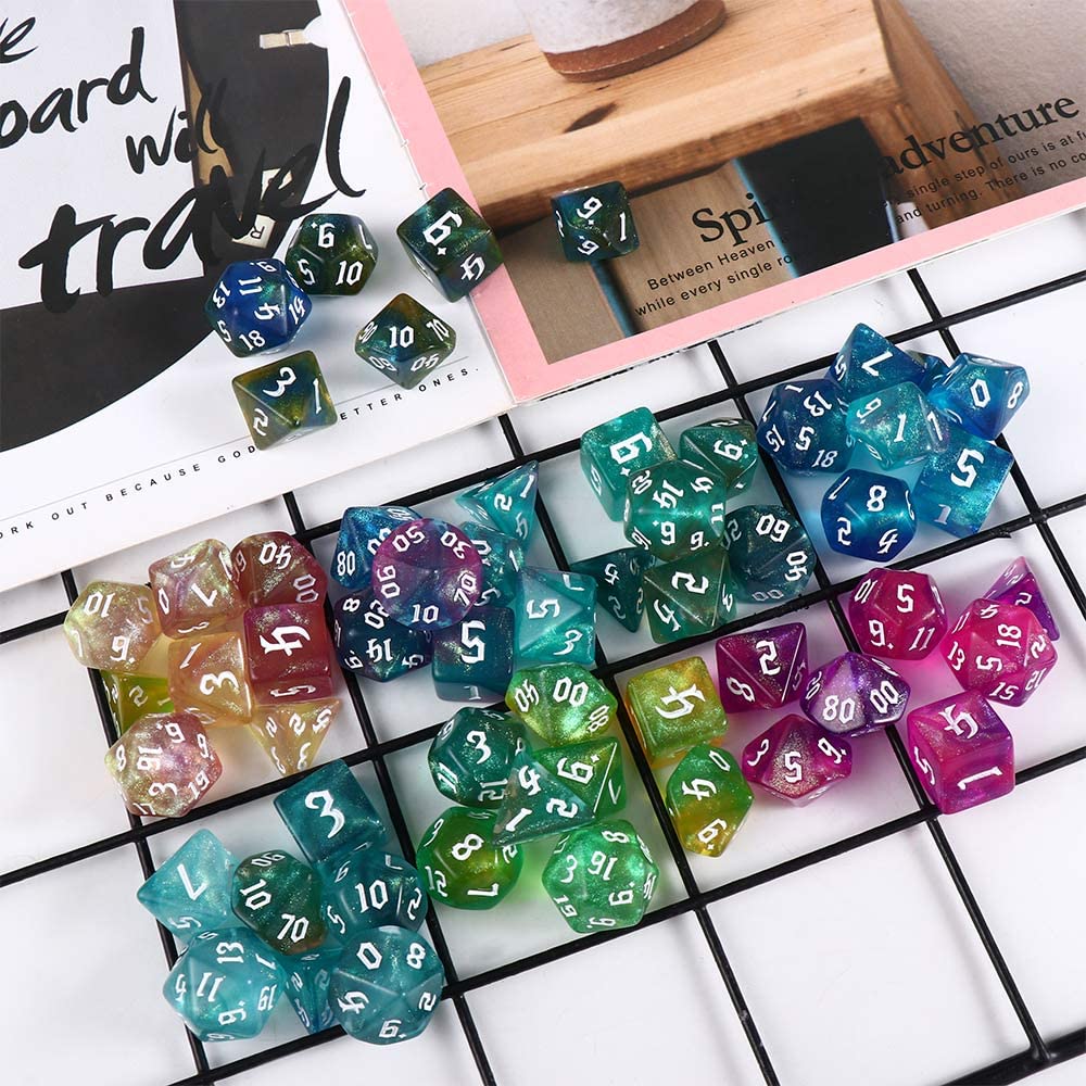 7-Die Iridescent Glitter Polyhedral Two-Tone Dice Set D4 D6 D8 D10 D% D12 D20 for DND Enthusiast RPG Adventurer(Zijin)